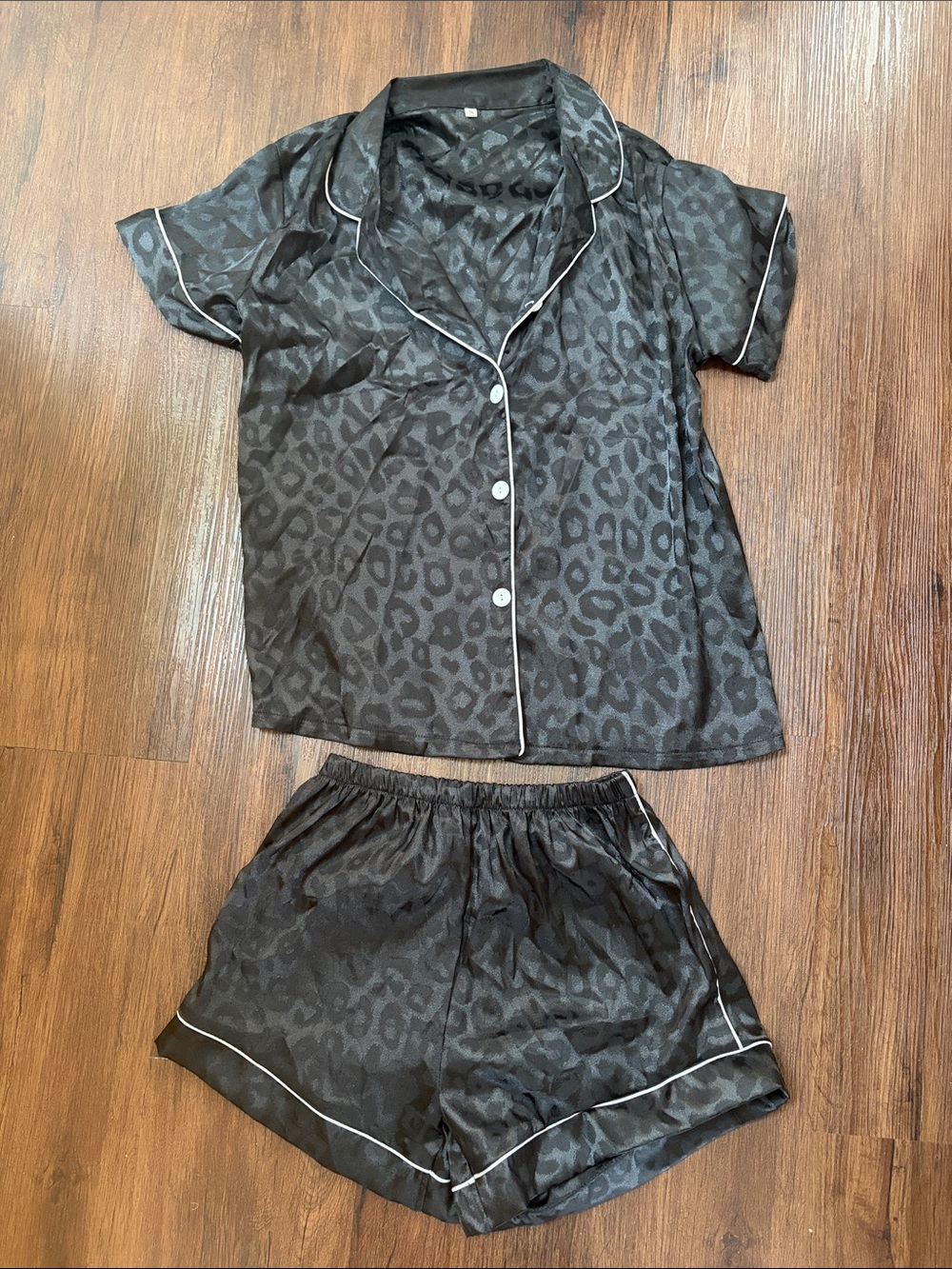 Leopard Print black Jersey Pajama Set shorts women sz S EUC